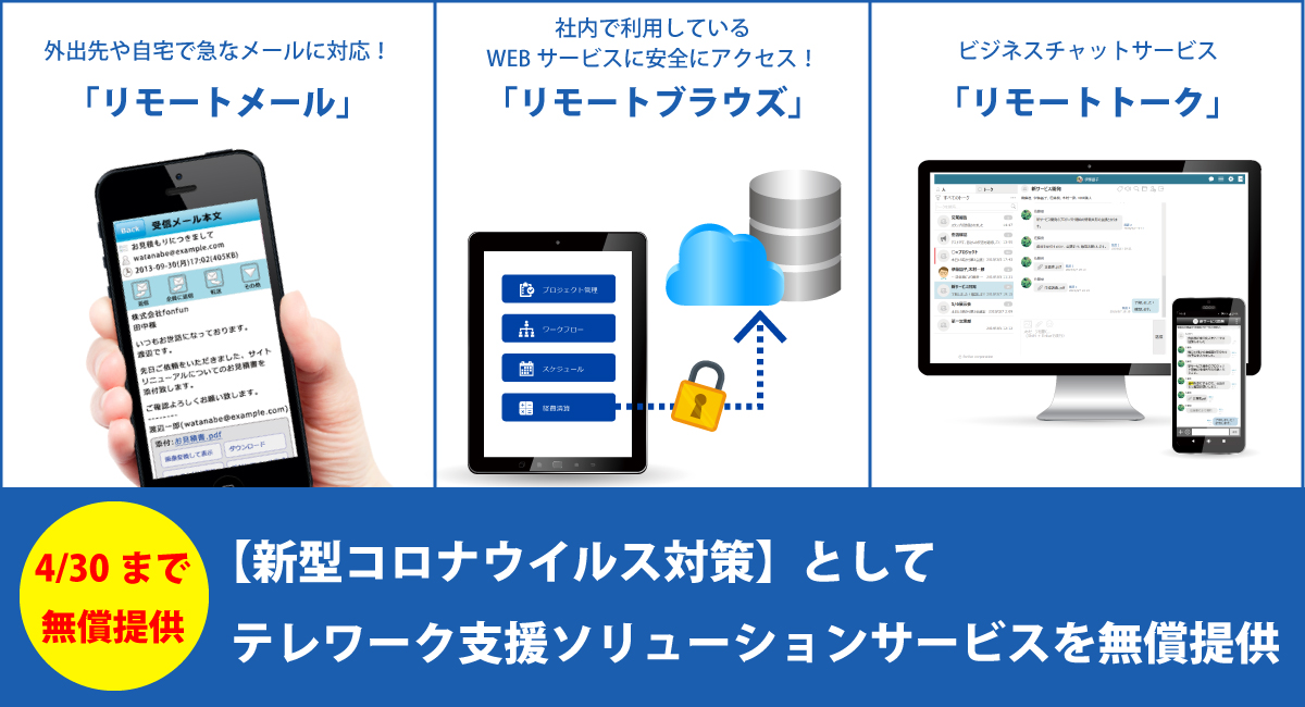 「リモートメール法人サービス」「リモートブラウズ」「リモートトーク」を4月30日まで無償提供